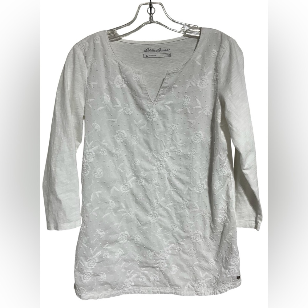 Eddie Bauer Women’s White Embroidered Tunic Top - 3/4” Sleeves – Size Small